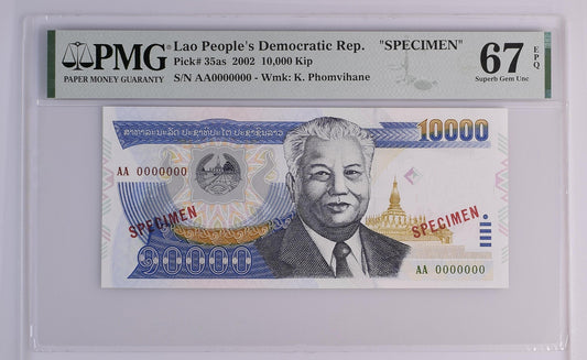 Lao People's Democratic Republic 2002 P-35as PMG Superb Gem UNC 67 EPQ 10,000 Kip (Specimen)