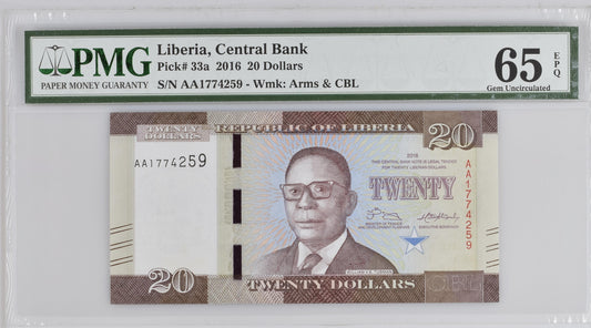 Liberia 2016 P-33a PMG Gem UNC 65 EPQ 20 Dollars