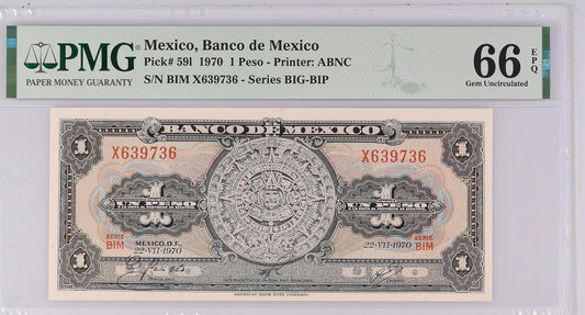 Mexico 22.7.1970 P-591 PMG Gem UNC 66 EPQ 1 Peso