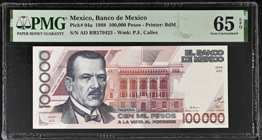 Mexico 4.1.1988 P-94a PMG Gem UNC 65 EPQ 100,000 Pesos