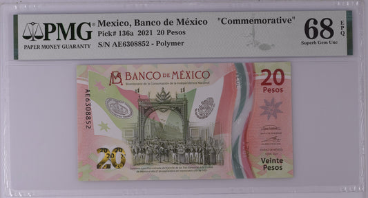 Mexico 6.1.2021 P-136a PMG Superb Gem UNC 68 EPQ 20 Pesos