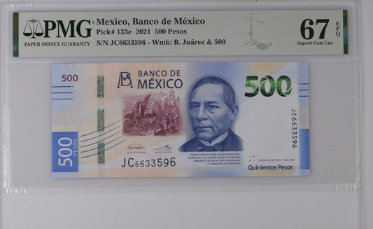 Mexico 1.3.2021 P-133e PMG Superb Gem UNC 67 EPQ 500 Pesos