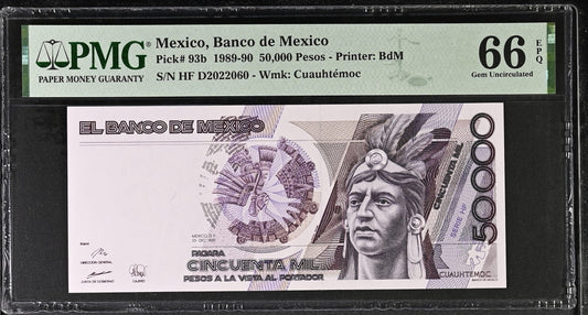 Mexico 20.12.1990 P-93b PMG Gem UNC 66 EPQ 50,000 Pesos
