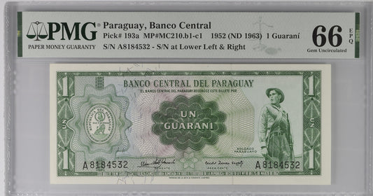 Paraguay 1 Guarani 1952 (1963) P 193a Prefix: A Grade 66 EPQ
