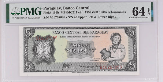 Paraguay 1952 (ND 1963) P-195b PMG Choice UNC 64 EPQ 5 Guaranies