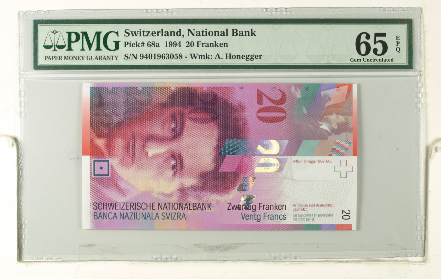 SWITZERLAND. 20 Franken. 1994. FIRST ISSUE (Pick: 68a). PMG65EPQ.