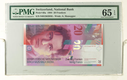 SWITZERLAND. 20 Franken. 1994. FIRST ISSUE (Pick: 68a). PMG65EPQ.