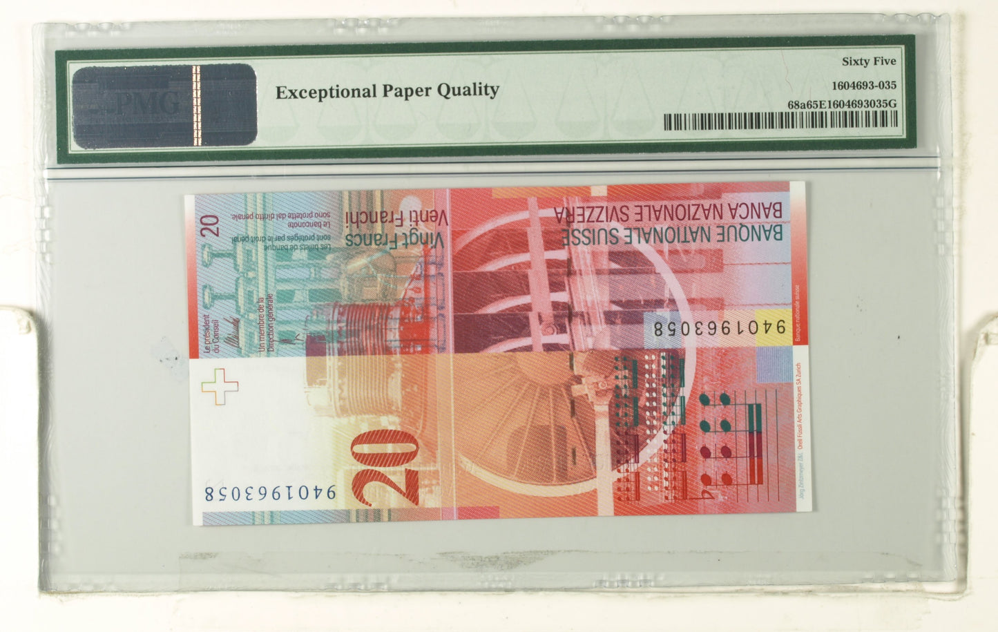 SWITZERLAND. 20 Franken. 1994. FIRST ISSUE (Pick: 68a). PMG65EPQ.