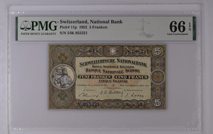 SWITZERLAND 5 Franken 1952 Pick 11 p PMG 66 EPQ