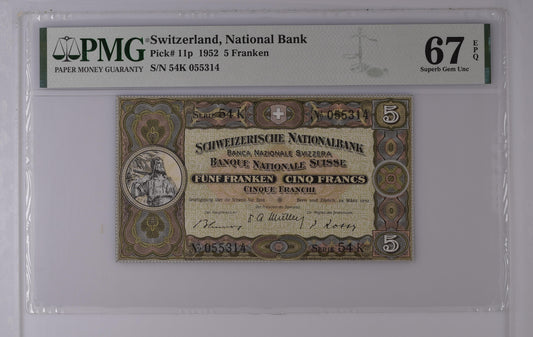 SWITZERLAND 5 Franken  1952 Pick 11 p PMG 67 EPQ