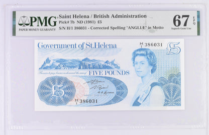 Saint Helena 5 Pounds 1981 P-7b Correct Spelling PMG 67 EPQ