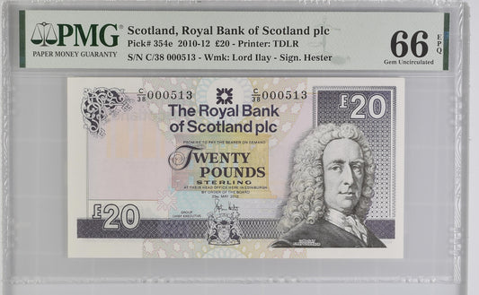 Scotland  20 Pounds 2010-12 LOW SERIAL NUMBER 513 P-354e PMG 66 EPQ