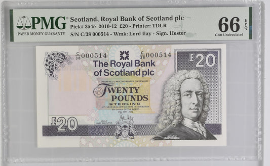 Scotland  20 Pounds 2010-12 LOW SERIAL NUMBER 514 P-354e PMG 66 EPQ