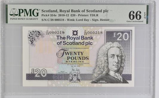 Scotland  20 Pounds 2010-12 LOW SERIAL NUMBER 518 P-354e PMG 66 EPQ