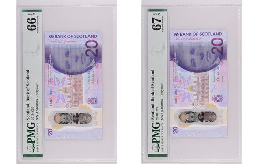 Scotland  2019 PMG 66 EPQ & 67 EPQ Matched S/N Pair 20 pounds