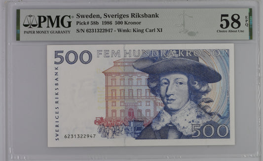 Sweden 1986 P-58b PMG Choice About UNC 58 EPQ 500 Kronor