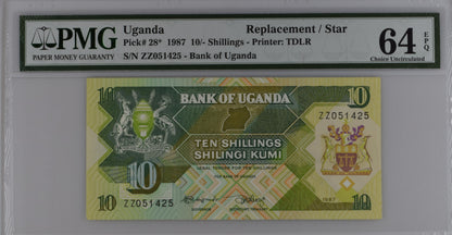 Uganda, 10 Shillings, 1987, Replacement, P-28r, PMG64EPQ