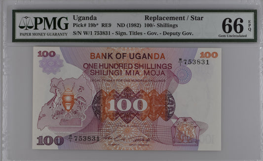 Uganda, 100 Shillings, ND (1982), Replacement, P-19br, PMG66EPQ