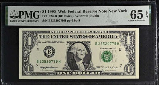 United States of America. 1 Dollar 1995 Fr# 1923-B WEB Note PMG 65 EPQ