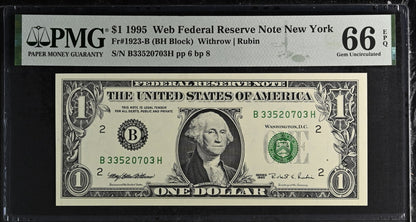 United States of America. 1 Dollar 1995 Fr# 1923-B WEB Note PMG 66 EPQ