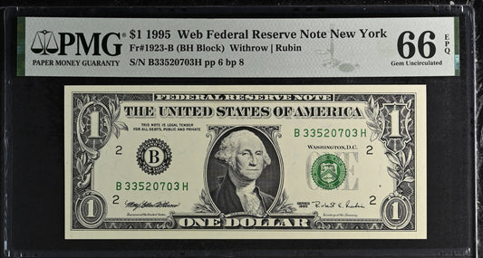 United States of America. 1 Dollar 1995 Fr# 1923-B WEB Note PMG 66 EPQ