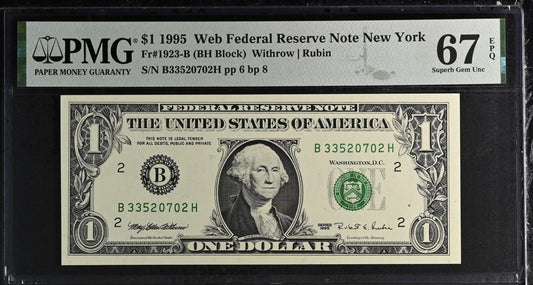 United States of America. 1 Dollar 1995 Fr# 1923-B WEB Note PMG 67 EPQ
