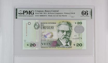 Uruguay 2011 P-86b PMG Gem UNC 66 EPQ 20 Pesos Uruguayos low number