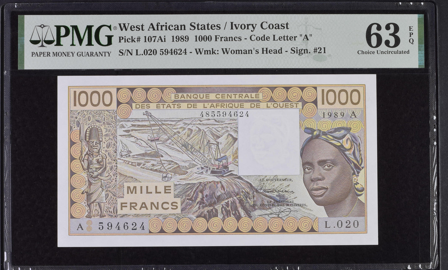 West African States / Ivory Coast 1989 P-107Ai PMG Choice UNC 63 EPQ 1000 Francs