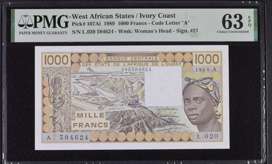 West African States / Ivory Coast 1989 P-107Ai PMG Choice UNC 63 EPQ 1000 Francs