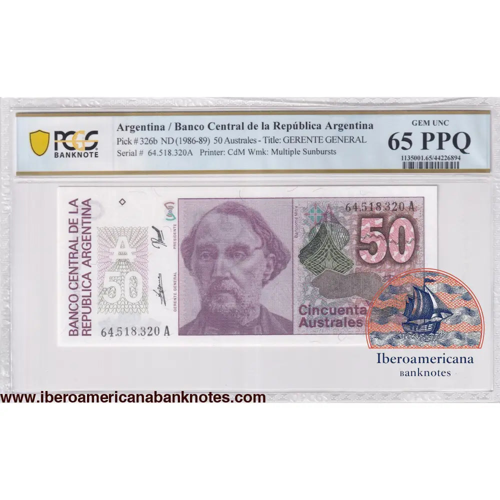 Argentina ND (1986-89) P-326b PCGS Gem UNC 65 PPQ 50 Australes