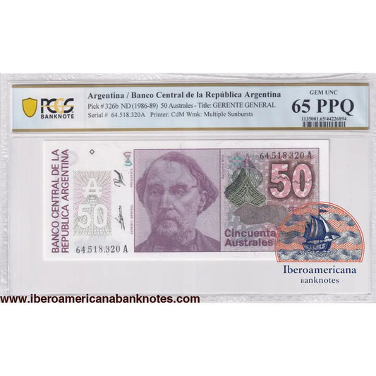 Argentina ND (1986-89) P-326b PCGS Gem UNC 65 PPQ 50 Australes