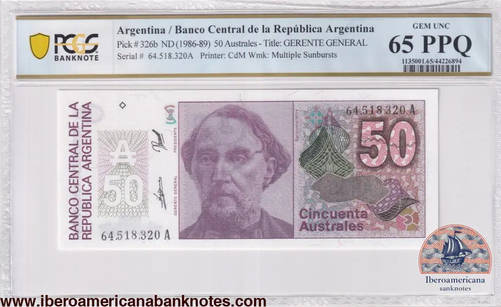 Argentina ND (1986-89) P-326b PCGS Gem UNC 65 PPQ 50 Australes