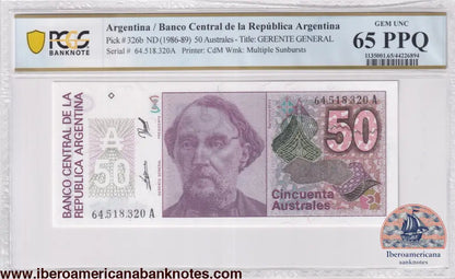 Argentina ND (1986-89) P-326b PCGS Gem UNC 65 PPQ 50 Australes