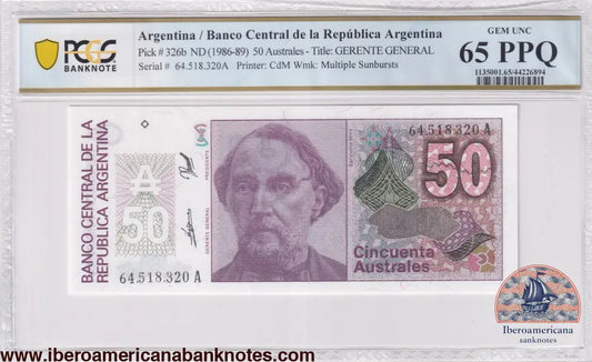 Argentina ND (1986-89) P-326b PCGS Gem UNC 65 PPQ 50 Australes