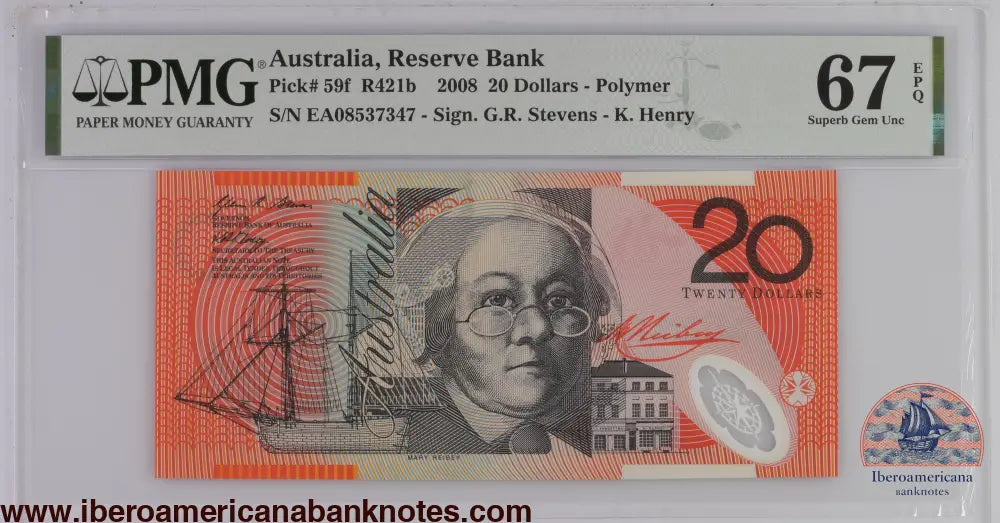 Australia 2008 P-59f PMG Superb Gem UNC 67 EPQ 20 Dollars