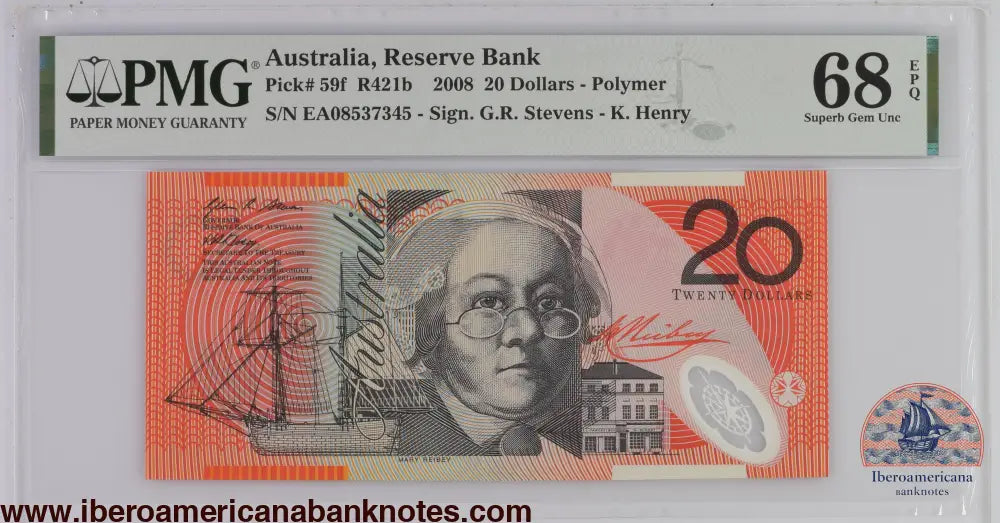 Australia 2008 P-59f PMG Superb Gem UNC 68 EPQ 20 Dollars