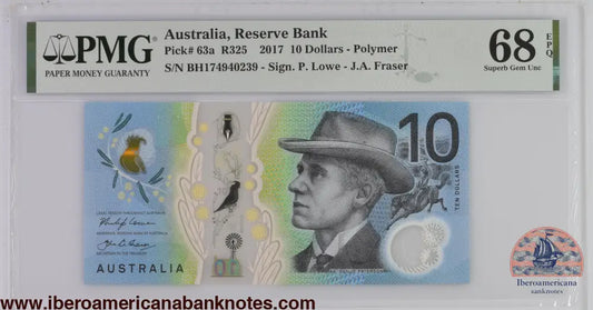 Australia 2017 P-63a PMG Superb Gem UNC 68 EPQ 10 Dollars