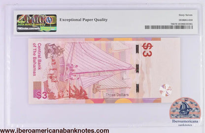Bahamas 3 Dollars 2019,Elizabeth II P-78,PMG67EPQ