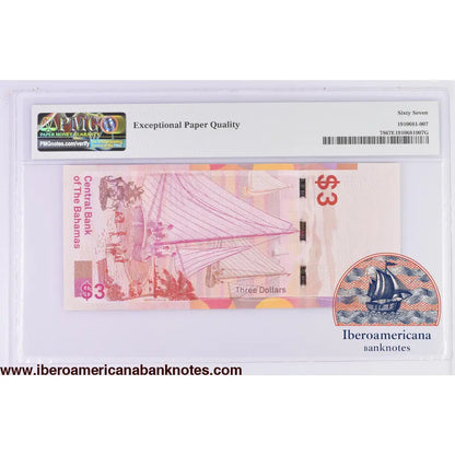 Bahamas 3 Dollars 2019,Elizabeth II P-78,PMG67EPQ