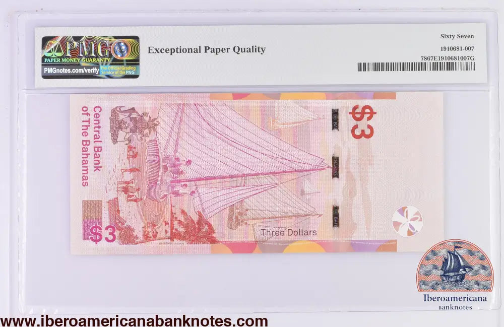 Bahamas 3 Dollars 2019,Elizabeth II P-78,PMG67EPQ