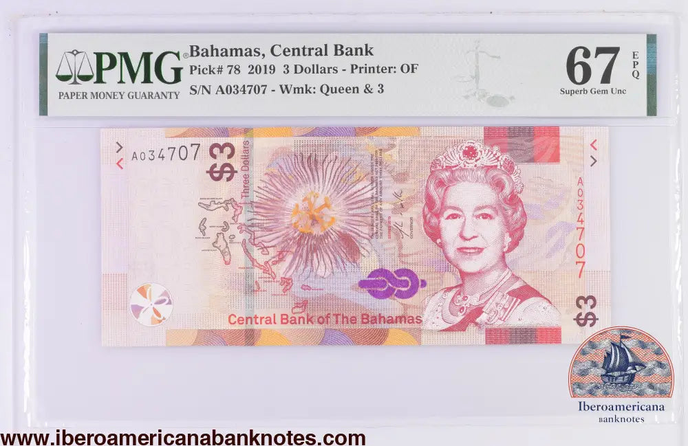 Bahamas 3 Dollars 2019,Elizabeth II P-78,PMG67EPQ