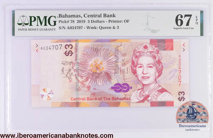 Bahamas 3 Dollars 2019,Elizabeth II P-78,PMG67EPQ