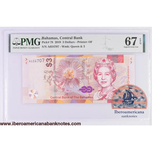 Bahamas 3 Dollars 2019,Elizabeth II P-78,PMG67EPQ