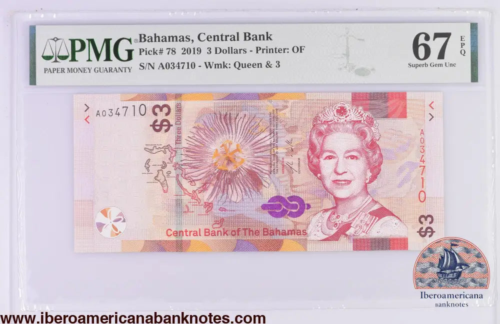 Bahamas 3 Dollars 2019,Elizabeth II P-78,PMG67EPQ