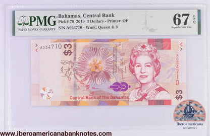 Bahamas 3 Dollars 2019,Elizabeth II P-78,PMG67EPQ
