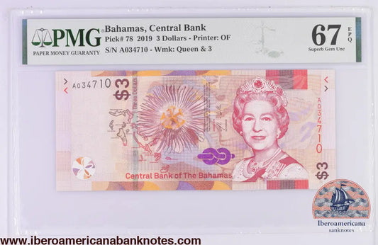 Bahamas 3 Dollars 2019,Elizabeth II P-78,PMG67EPQ