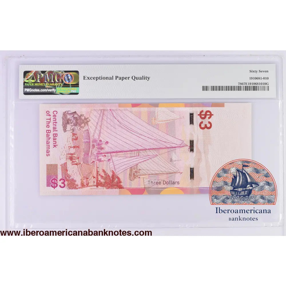 Bahamas 3 Dollars 2019,Elizabeth II P-78,PMG67EPQ