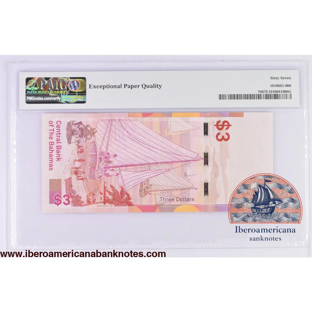 Bahamas 3 Dollars 2019,Elizabeth II P-78,PMG67EPQ (Copia)