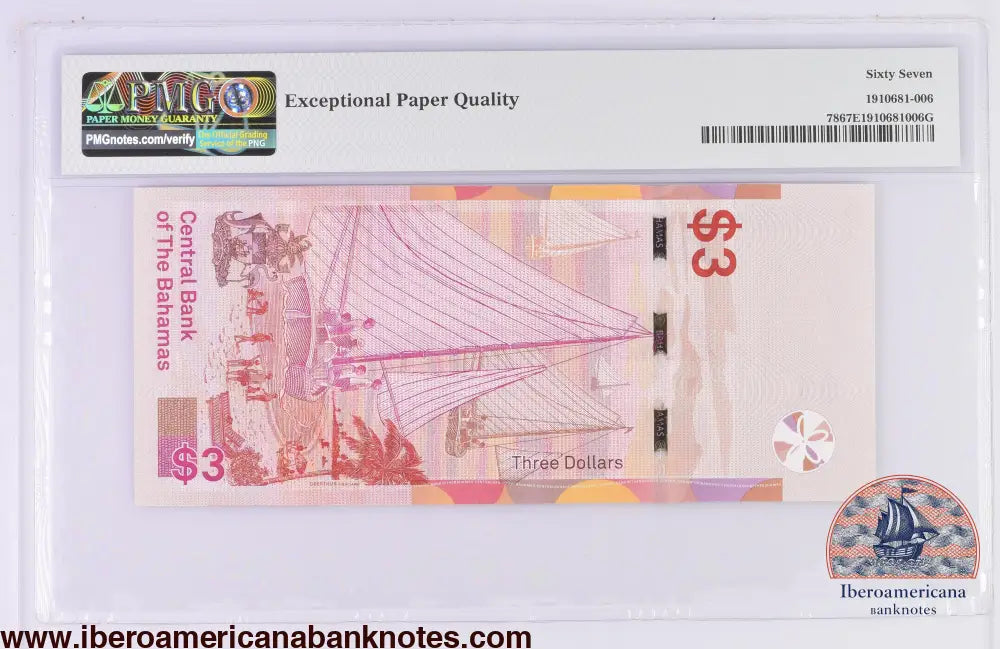 Bahamas 3 Dollars 2019,Elizabeth II P-78,PMG67EPQ (Copia)