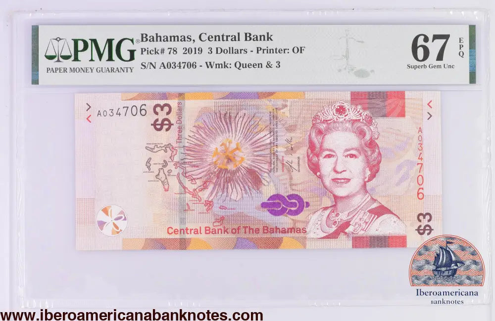 Bahamas 3 Dollars 2019,Elizabeth II P-78,PMG67EPQ (Copia)